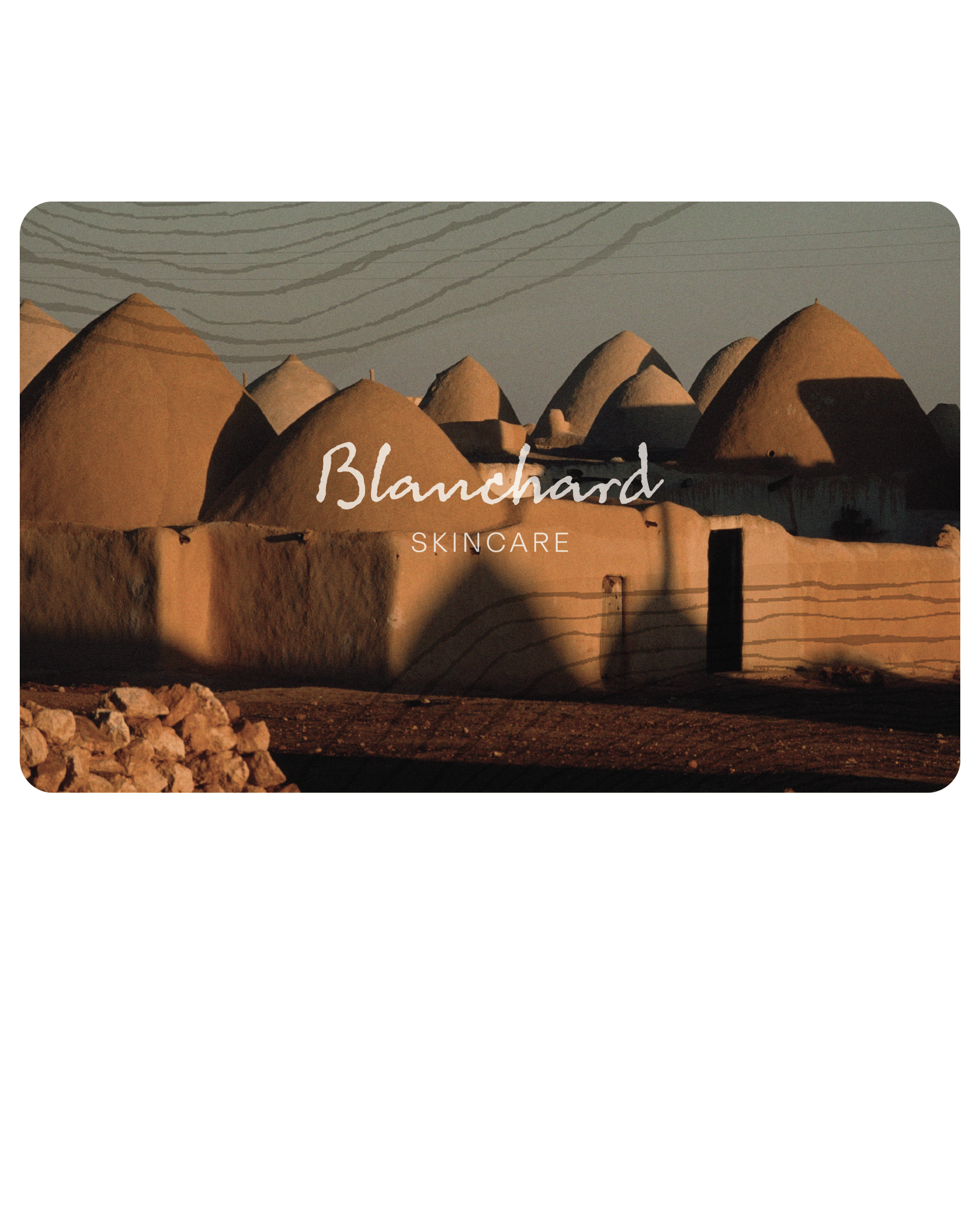 Blanchard Skincare gift card featuring traditional Middle Eastern architecture at golden hour