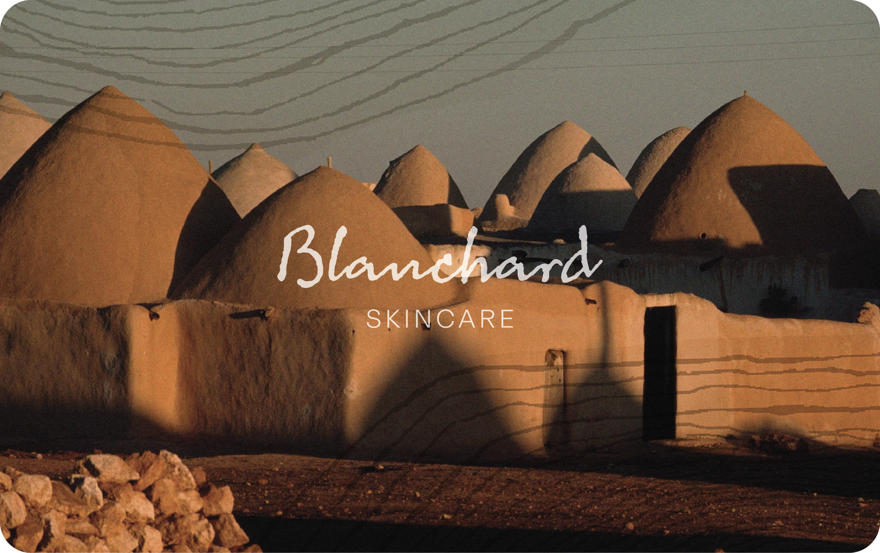 Blanchard Skincare gift card featuring traditional Middle Eastern architecture at golden hour
