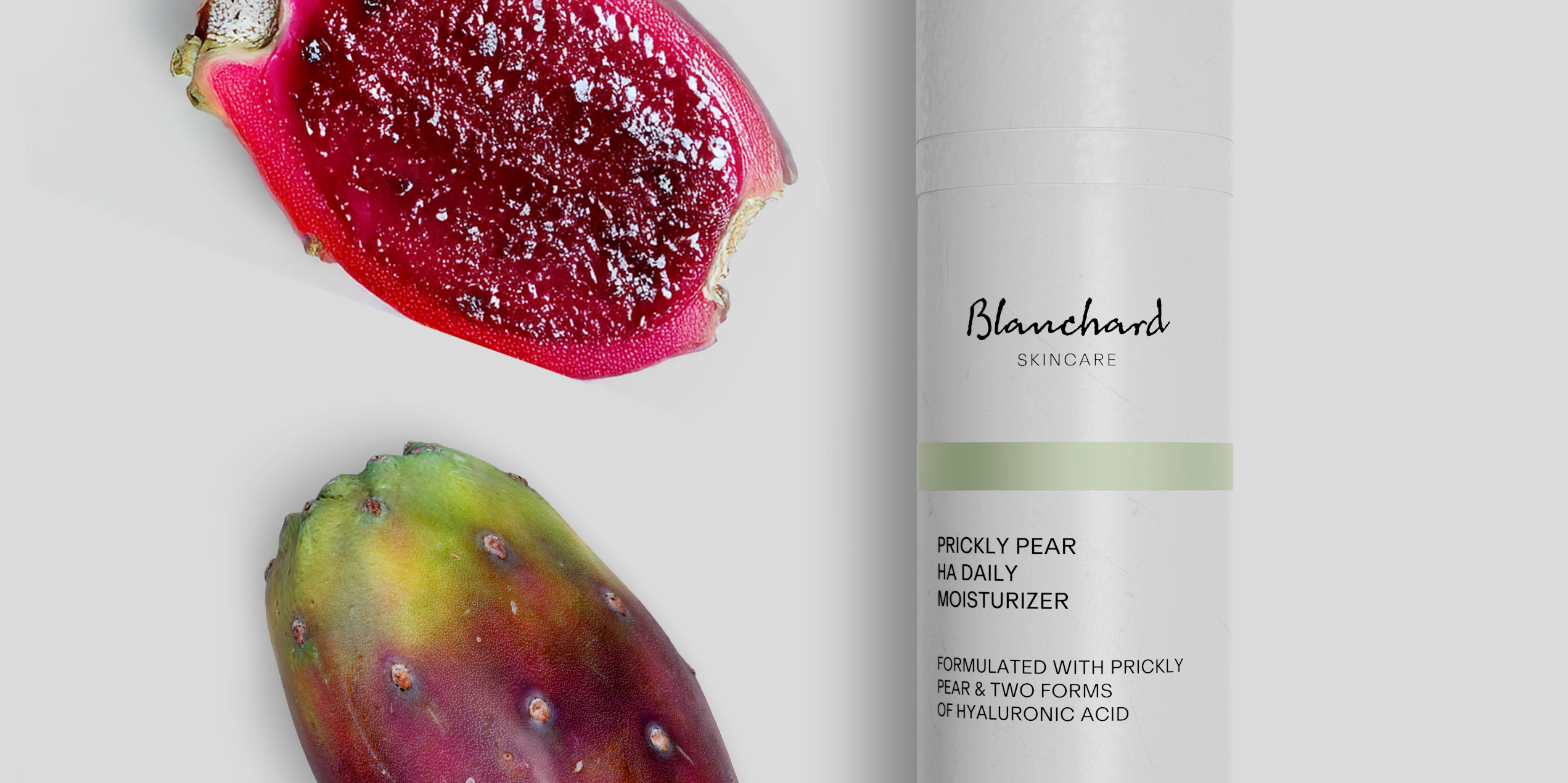 Prickly Pear HA Daily Moisturizer by Blanchard Skincare with fresh prickly pear cactus fruit on light gray background