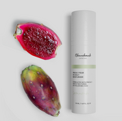 Prickly Pear HA Daily Moisturizer by Blanchard Skincare with fresh prickly pear cactus fruit on light gray background