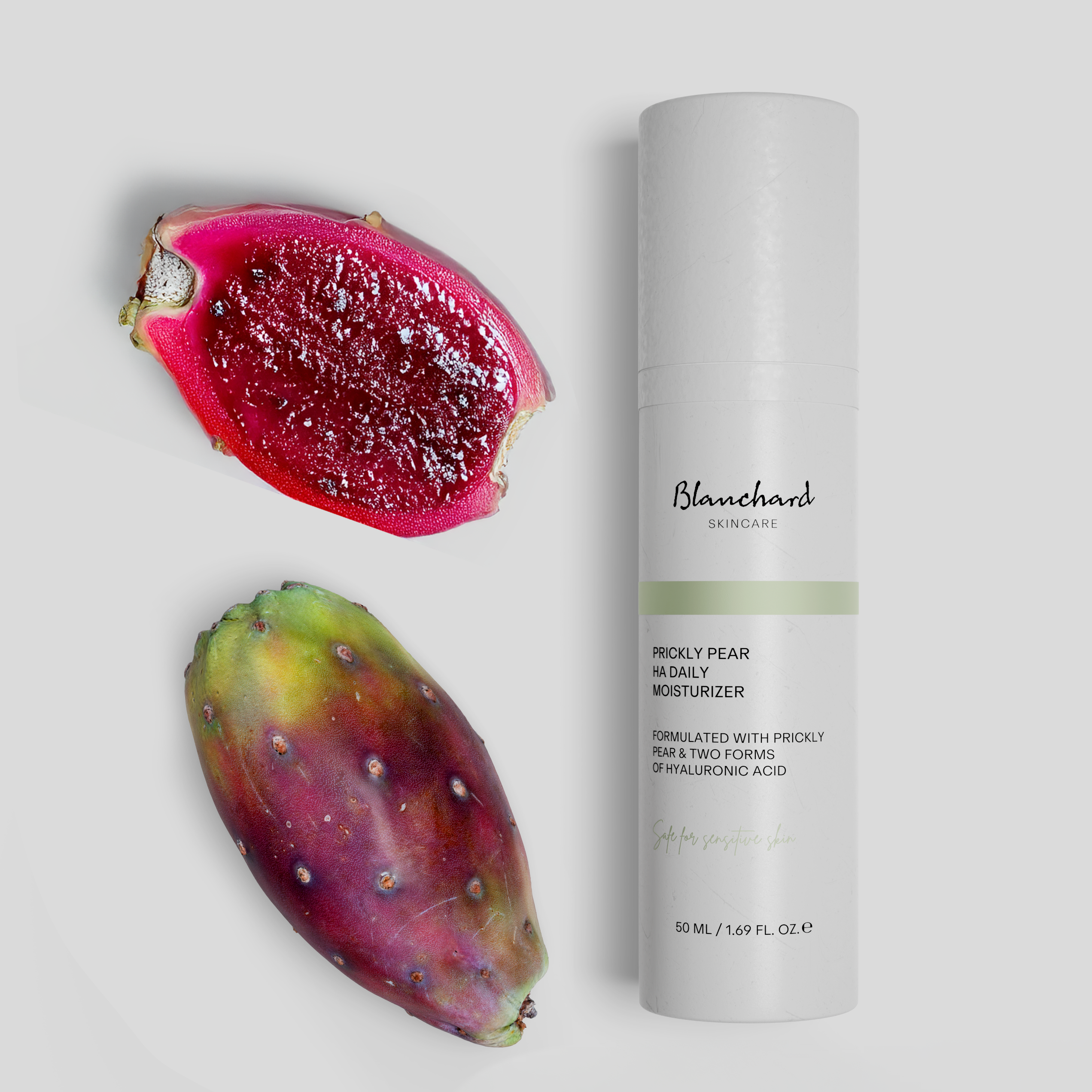 Prickly Pear HA Daily Moisturizer by Blanchard Skincare with fresh prickly pear cactus fruit on light gray background