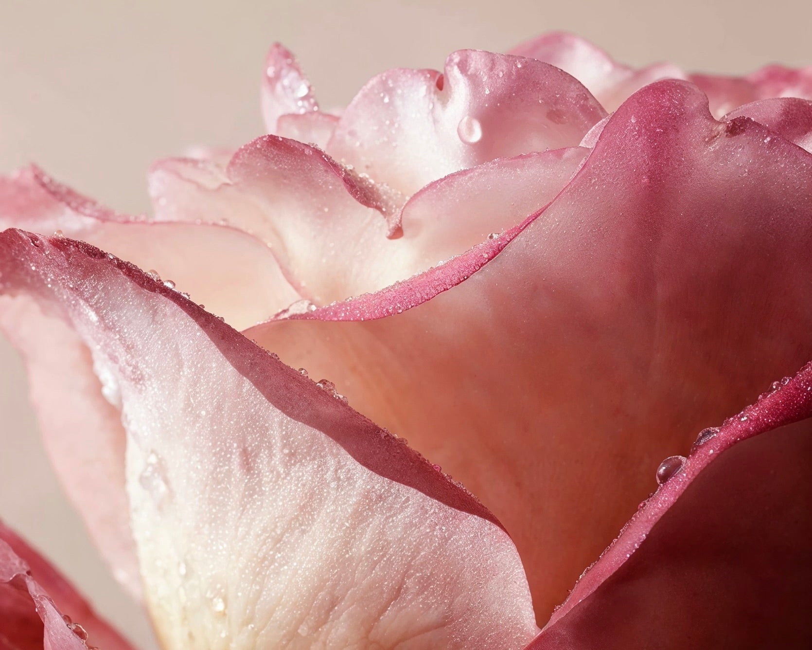 Close-up of Rosa Damascena rose petals with water droplets — key ingredient in Blanchard Skincare's Daily Cleansing Gel